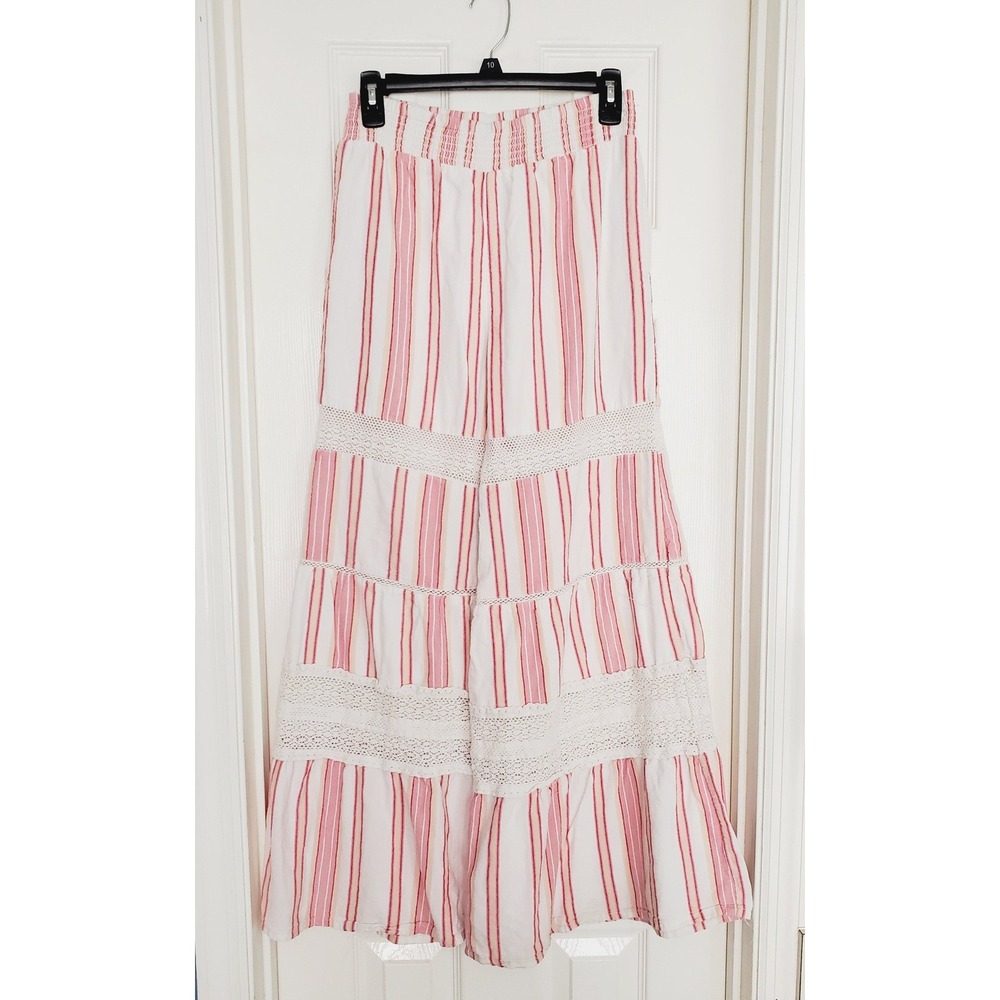 Angie Wide Leg Smocked Trousers Pink White Striped Boho Crochet Tiered Cotton M - Picture 2 of 11